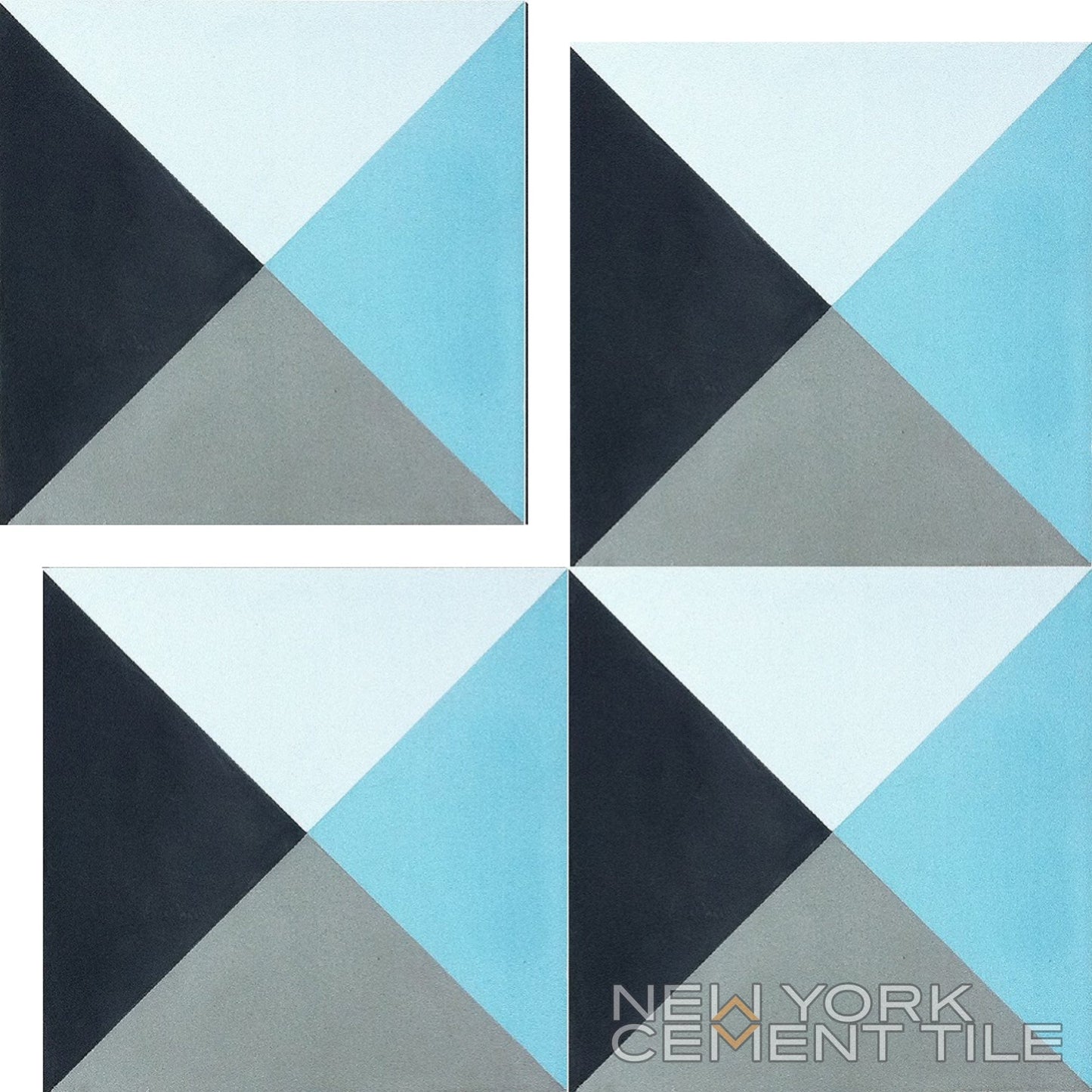 Four N20-032 Extra Sample tiles by New York Cement Tile with black, gray, light blue & white geometric patterns in a grid.