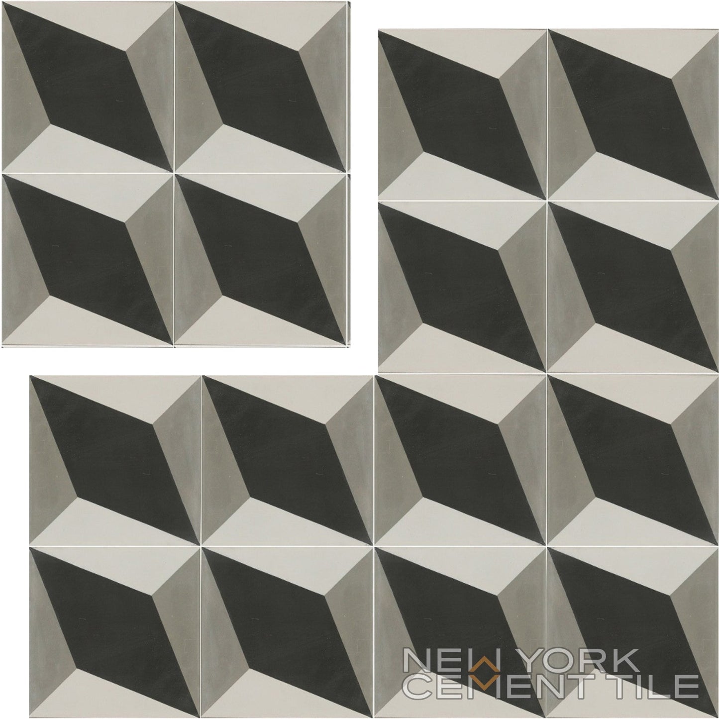 N20-034 Extra Sample by New York Cement Tile: geometric black, white & gray 3D cube cement tiles in a grid.