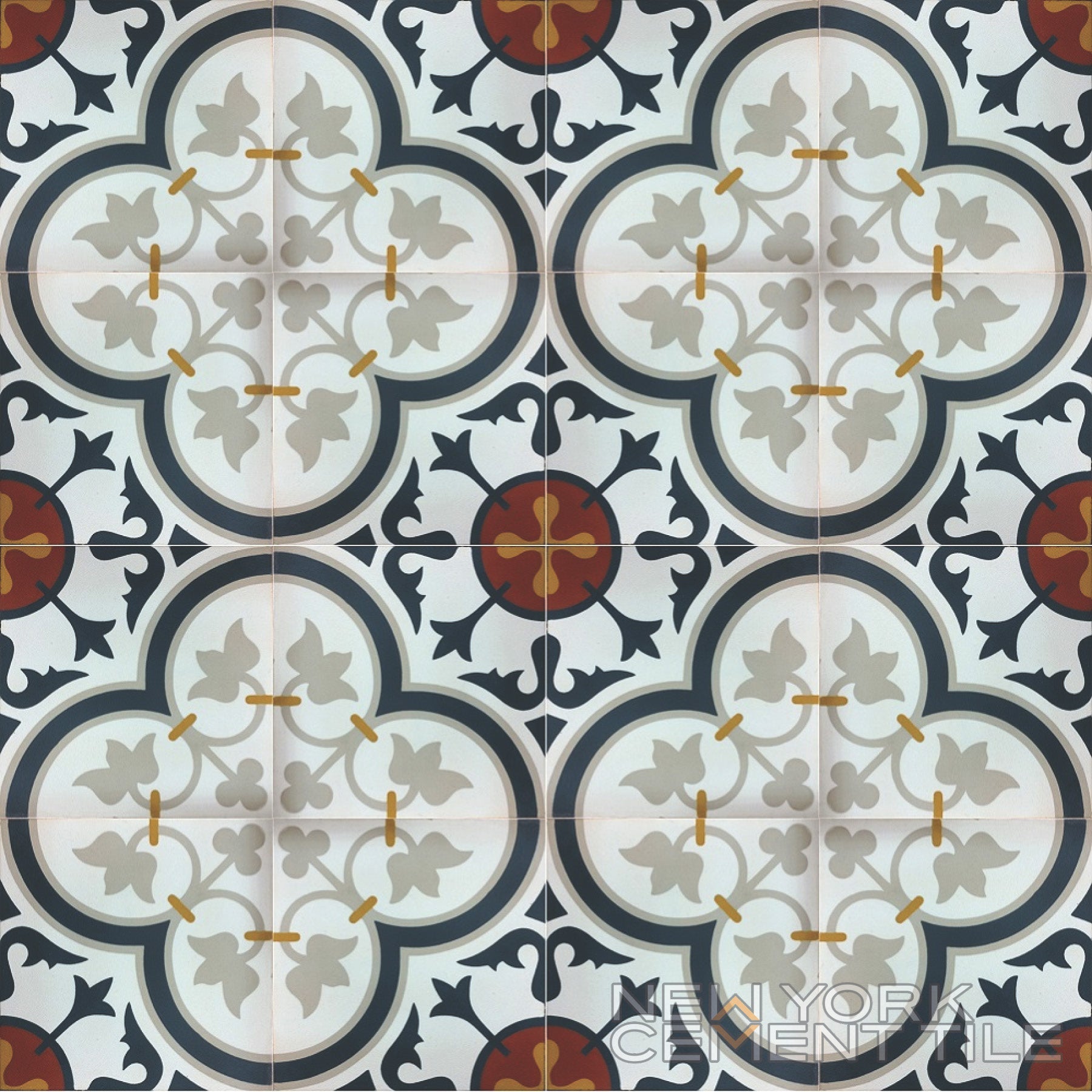 The N20-045 Sample by New York Cement Tile features a gray, white, black & rust floral tile—ideal for durable flooring.