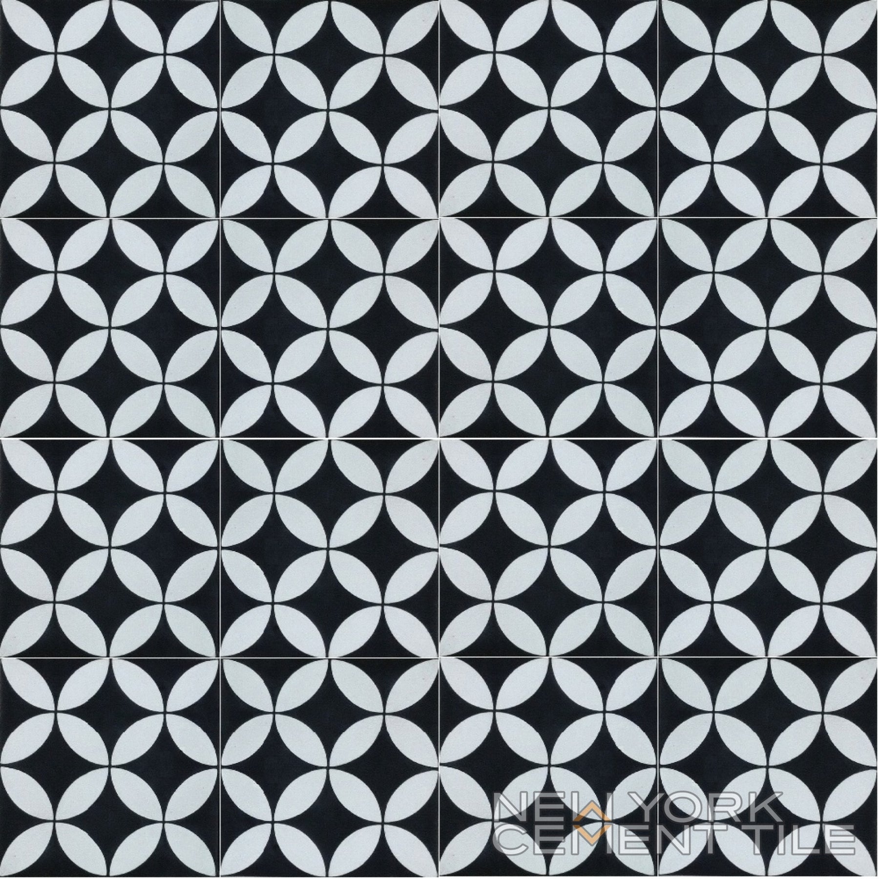 A grid of N20-061 black cement tiles with a repeating white oval pattern. New York Cement Tile logo in the corner.