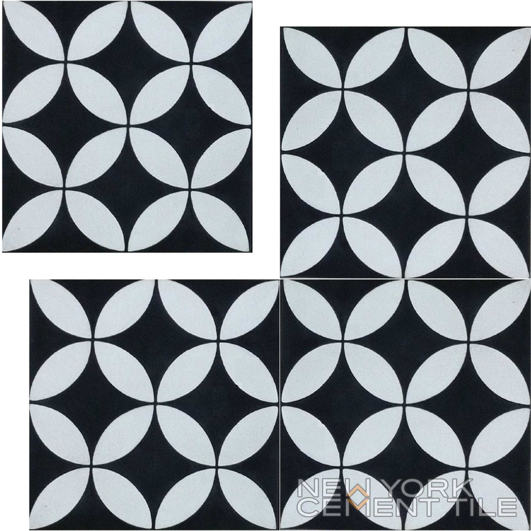The N20-061 by New York Cement Tile is a black and white handcrafted tile for durable, charming classic cement flooring.