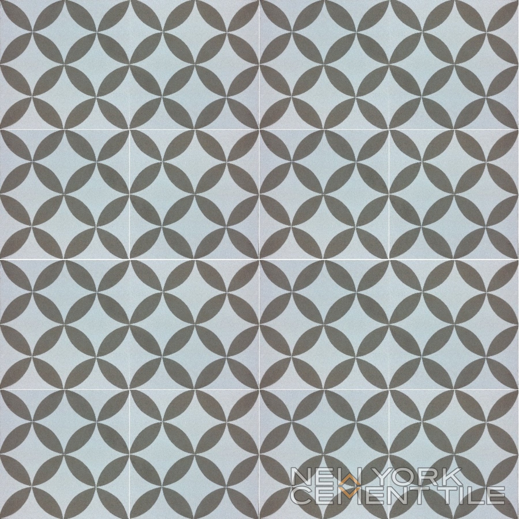 Overlapping gray and blue petal design, N20-062 sample by New York Cement Tile; sustainable geometric cement tile.