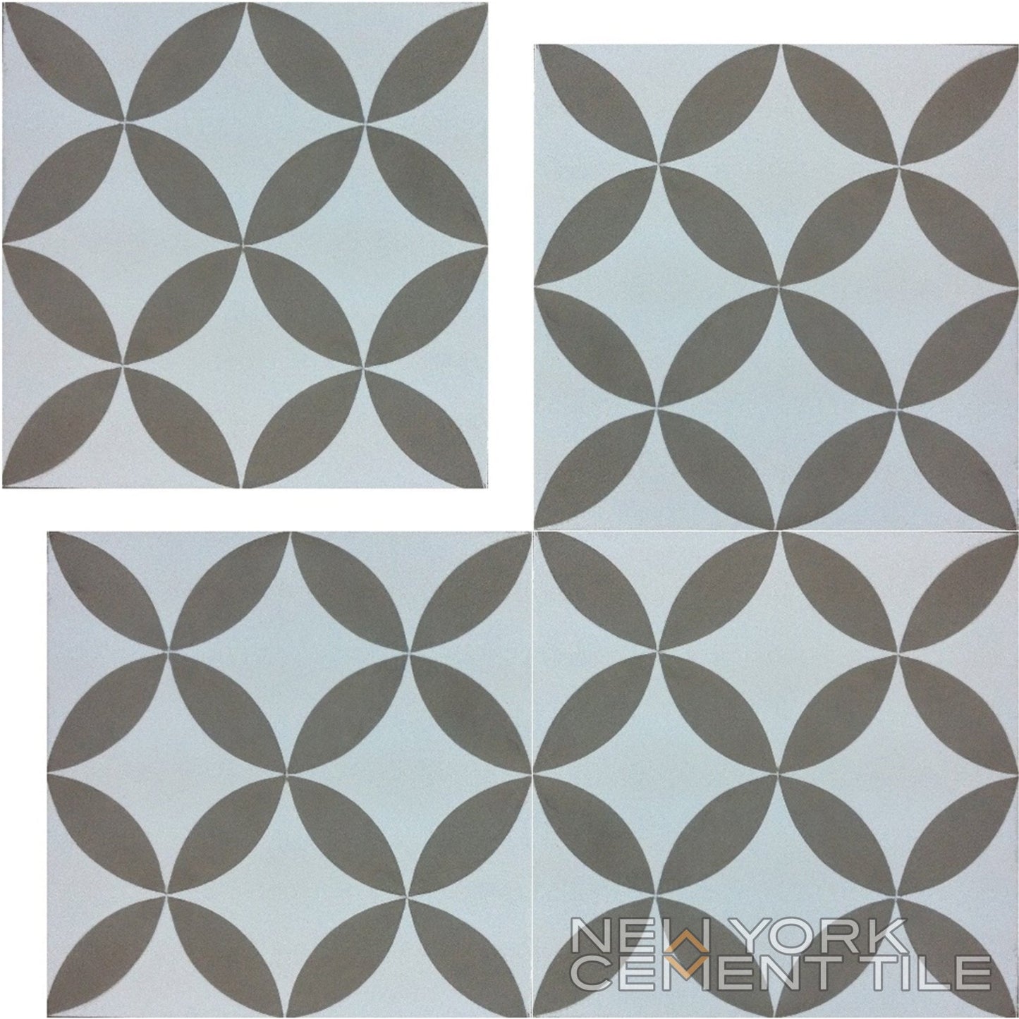 The New York Cement Tile N20-062 Extra Sample features 4 geometric, flower-like brown tiles on a white background.