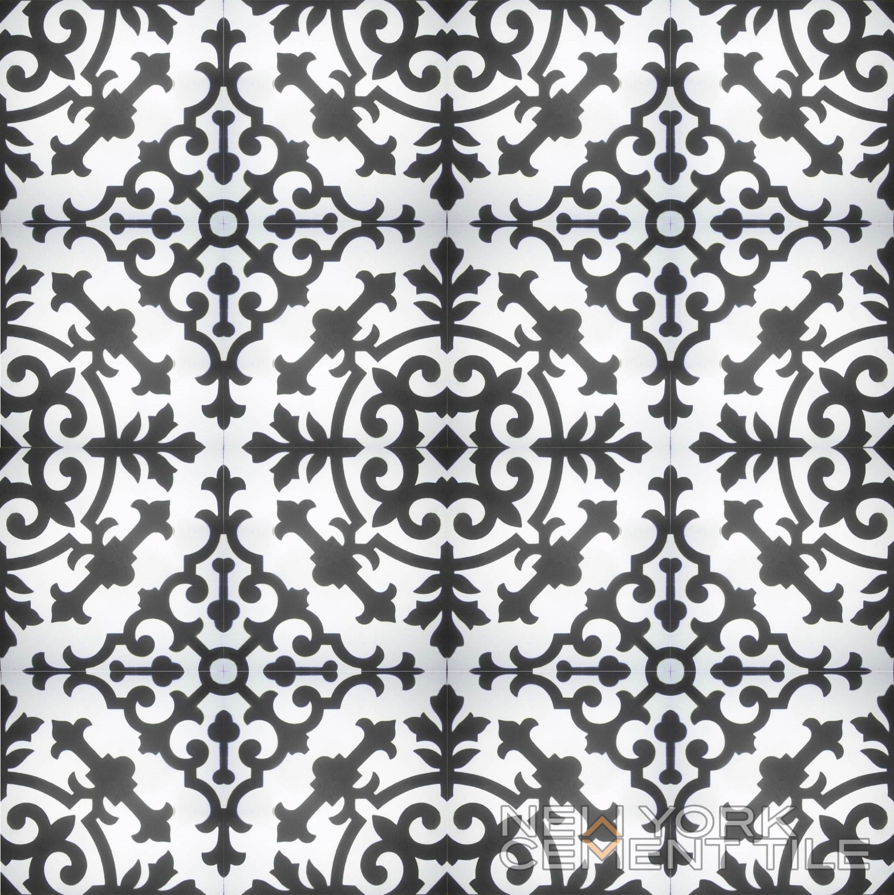 N20-063 Sample: Black and white geometric tile with floral scrolls by New York Cement Tile. Durable corner flooring.