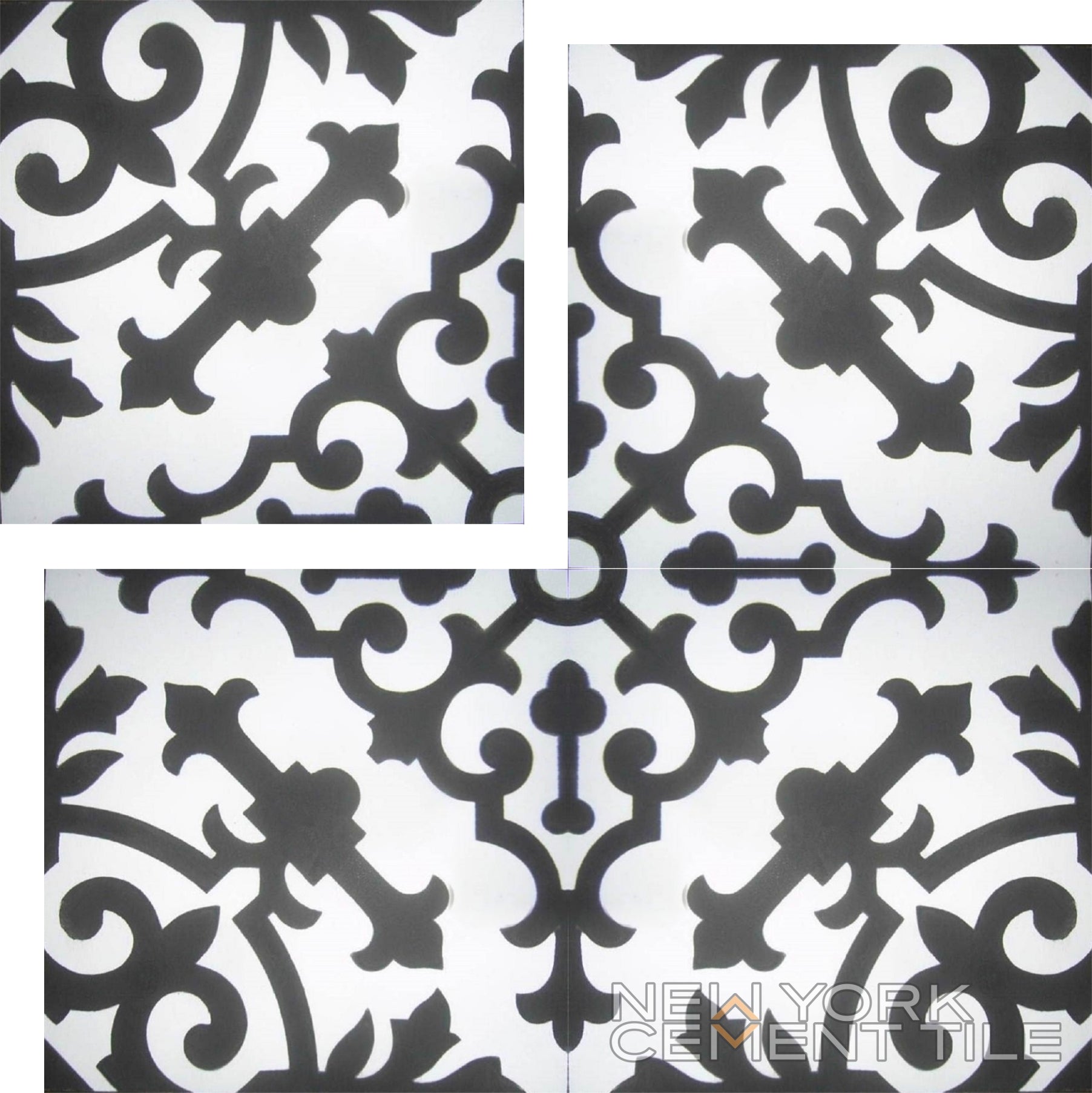 Black and white handcrafted cement tile with floral and geometric design, N20-063 Extra Sample by New York Cement Tile.