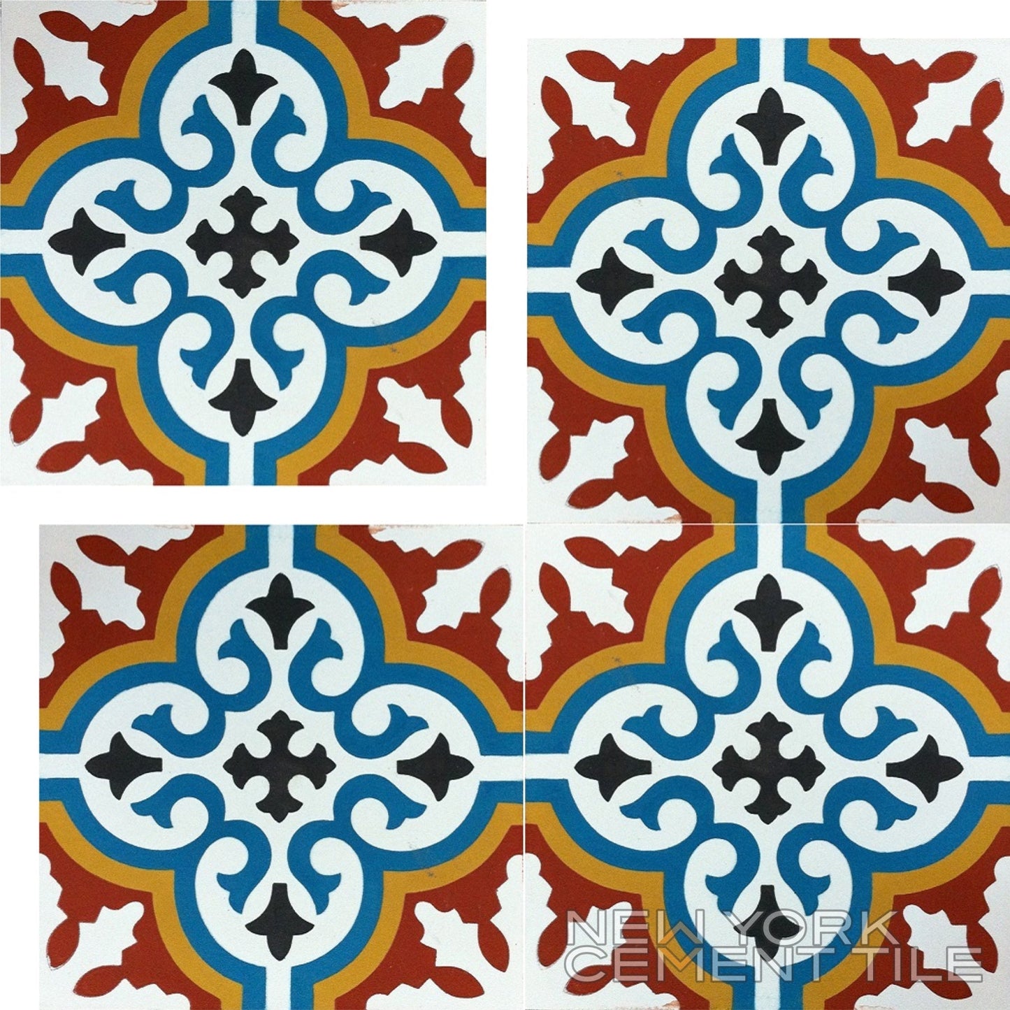 The N20-074C Extra Sample by New York Cement Tile features blue, yellow, red, and black patterns in a sustainable design.