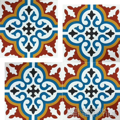 The N20-074C Extra Sample by New York Cement Tile features blue, yellow, red, and black patterns in a sustainable design.