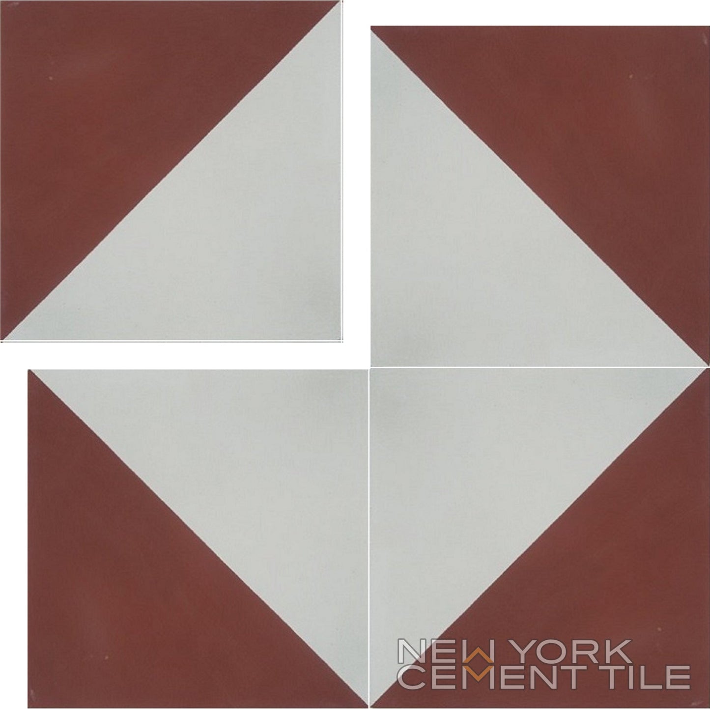 Three N20-139 Extra Sample tiles by New York Cement Tile, each split into white/reddish-brown triangles, arranged L-shaped.