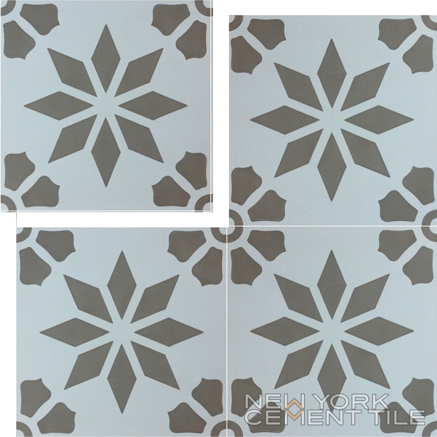 Four N20-152 Extra Sample tiles by New York Cement Tile, gray starburst and corners, arranged in a grid; logo in corner.