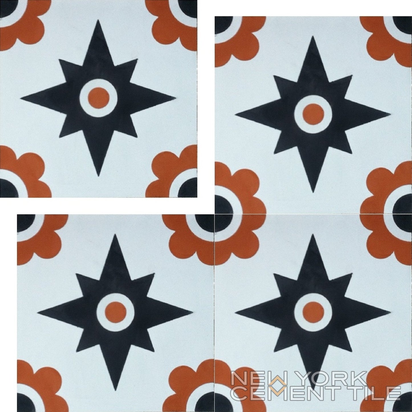 Four handcrafted N20-153, Extra Sample tiles by New York Cement Tile, black stars and orange flowers in L-shape.
