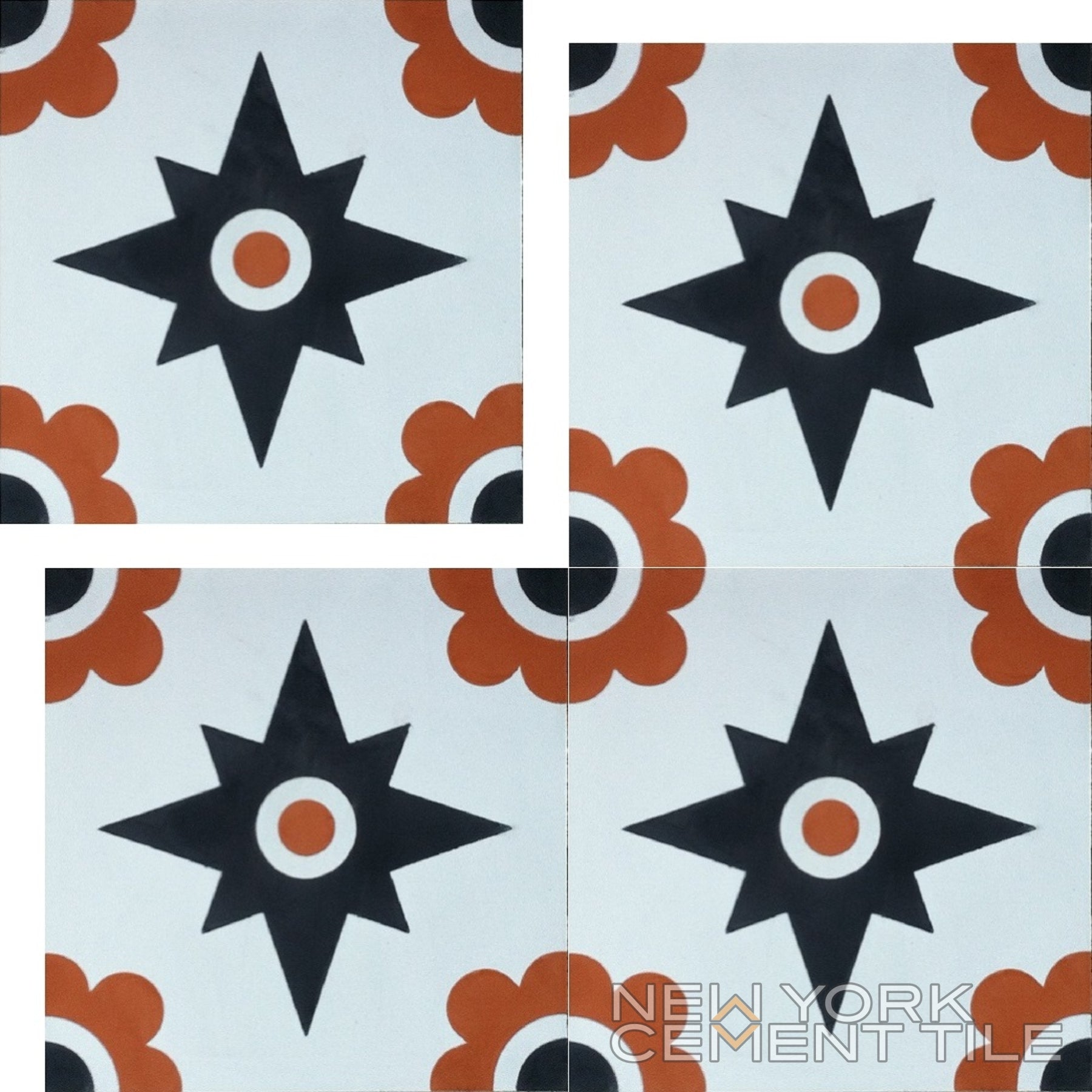 Four handcrafted N20-153, Extra Sample tiles by New York Cement Tile, black stars and orange flowers in L-shape.