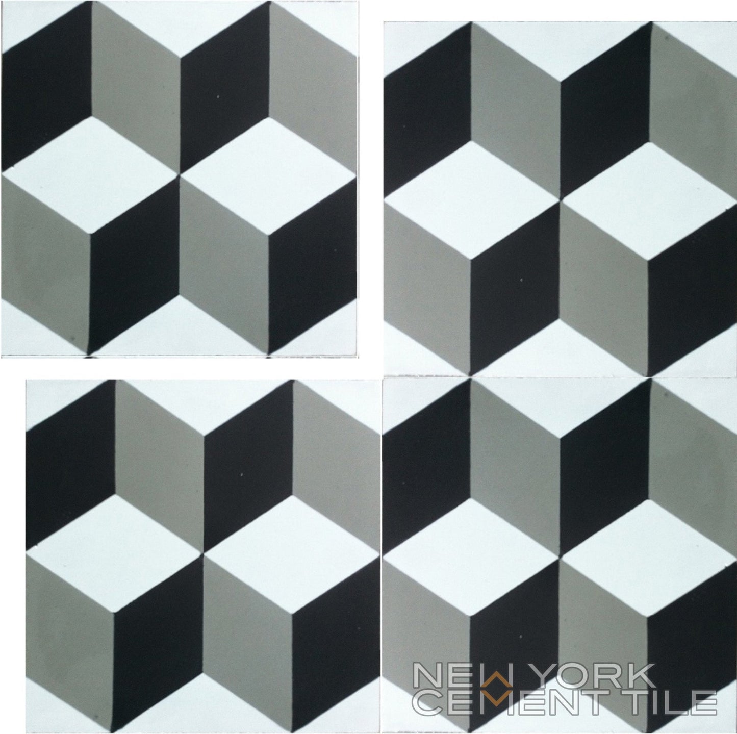 Four N20-171 Extra Sample tiles by New York Cement Tile form a black, white & gray 3D cube pattern with logo at bottom right.