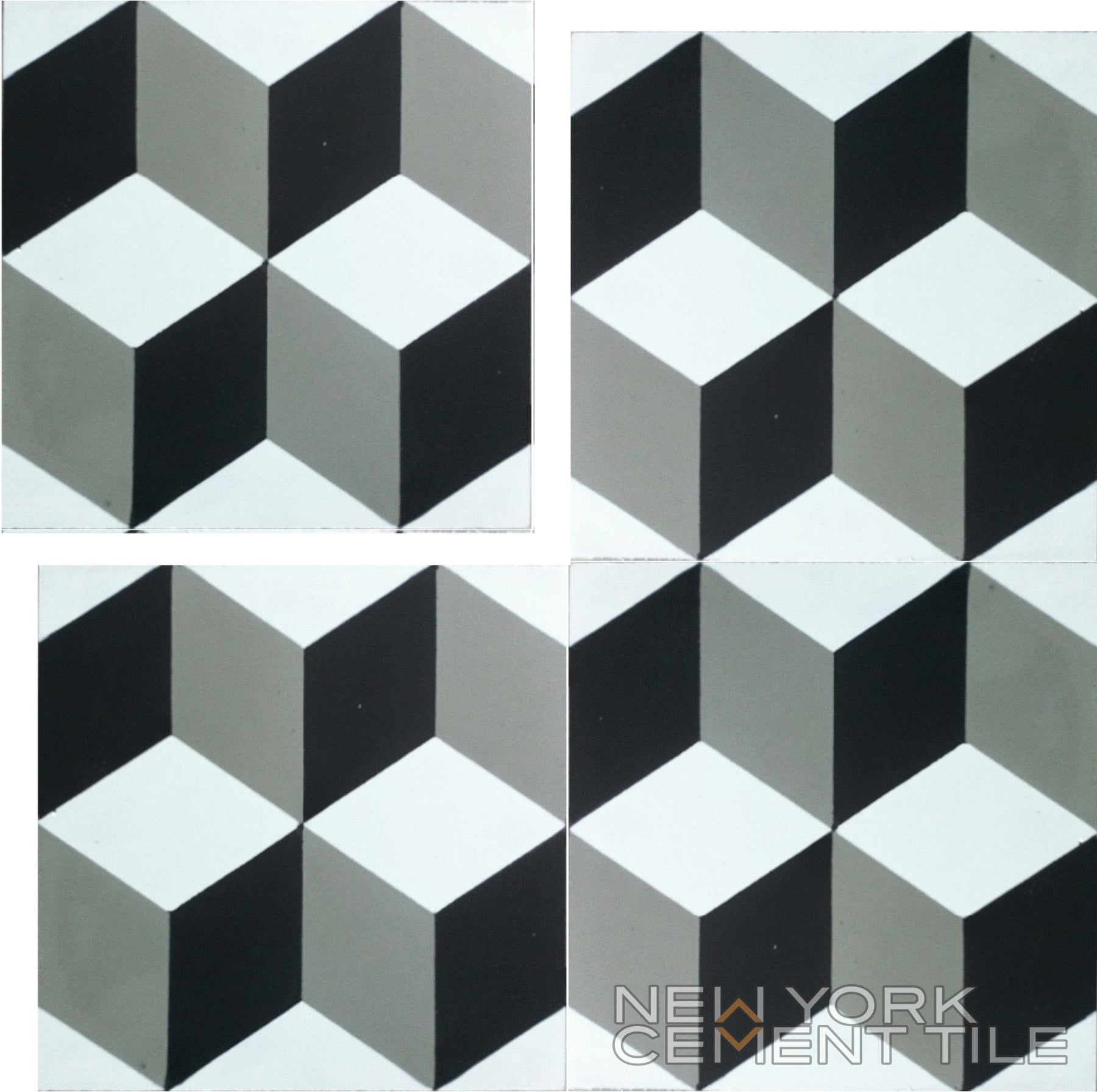 Four N20-171 Extra Sample tiles by New York Cement Tile form a black, white & gray 3D cube pattern with logo at bottom right.