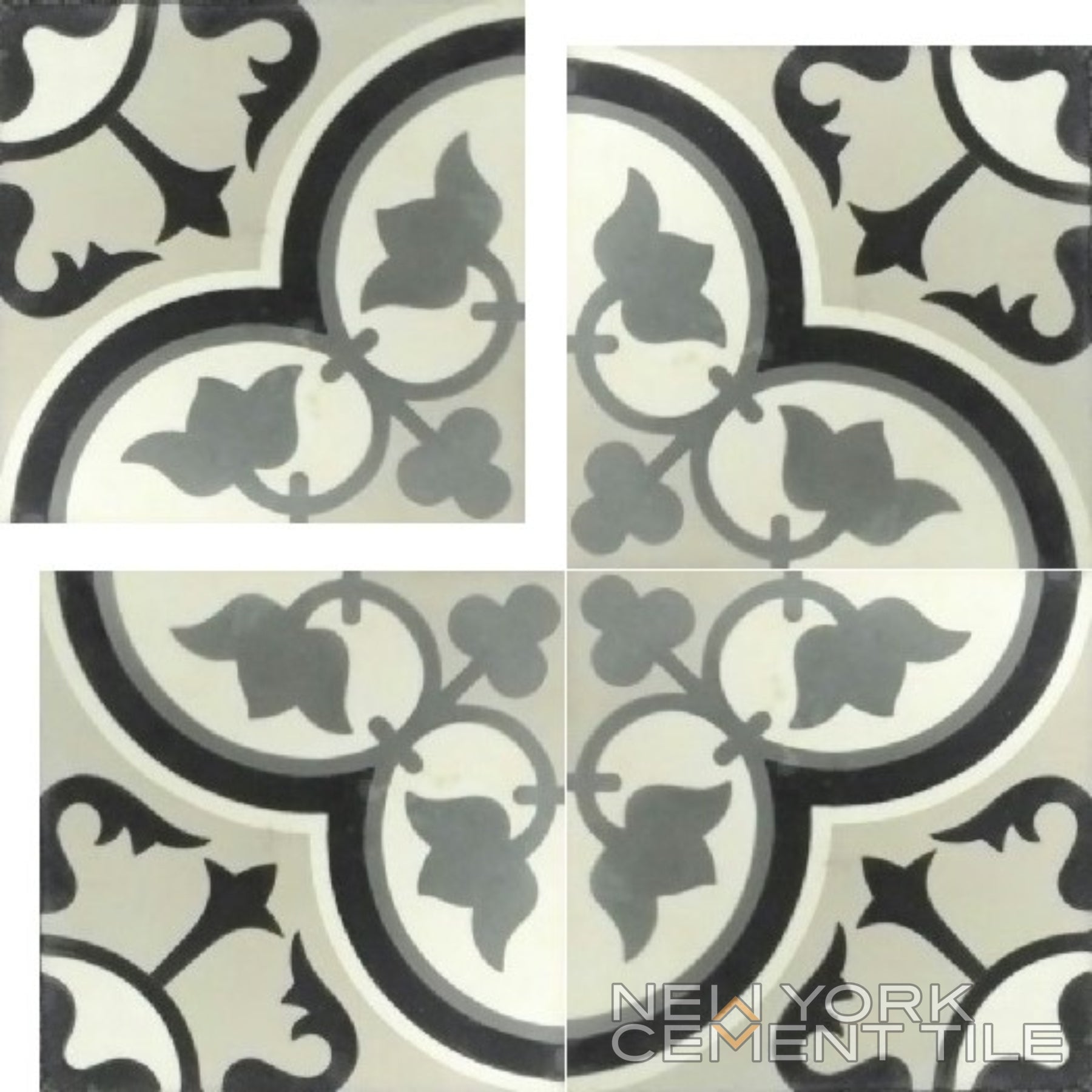 Four durable N20-172 Extra Sample tiles by New York Cement Tile; black and gray floral motif with watermark visible.