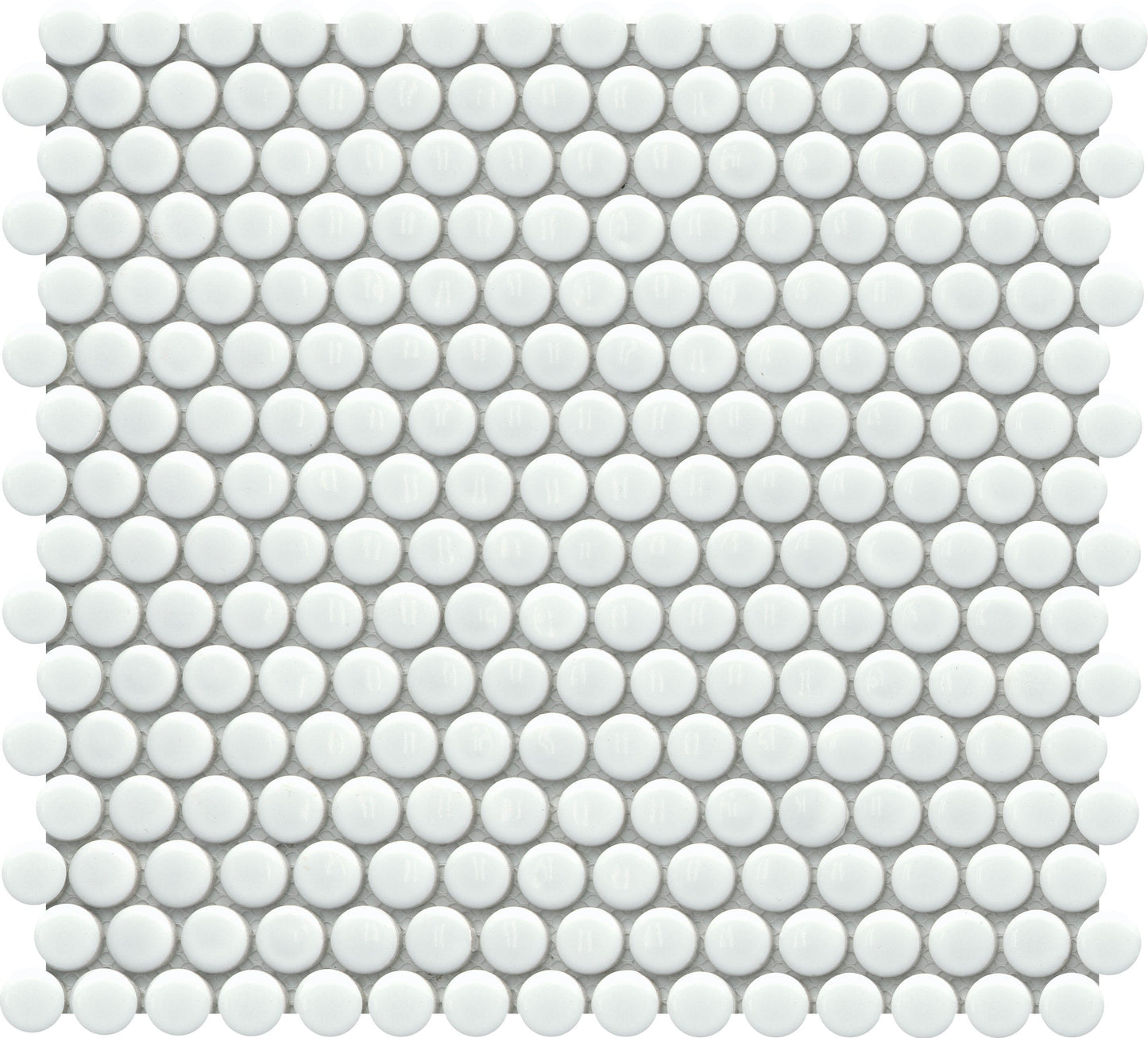 White - Influence - Sample by New York Cement Tile: glossy white round tiles in a grid for a sleek, modern look.