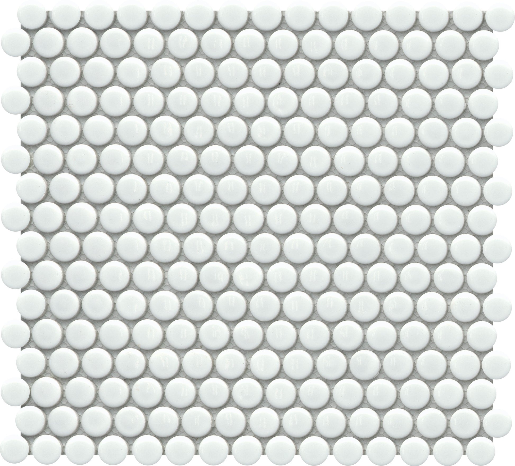 White - Influence - Sample by New York Cement Tile: glossy white round tiles in a grid for a sleek, modern look.