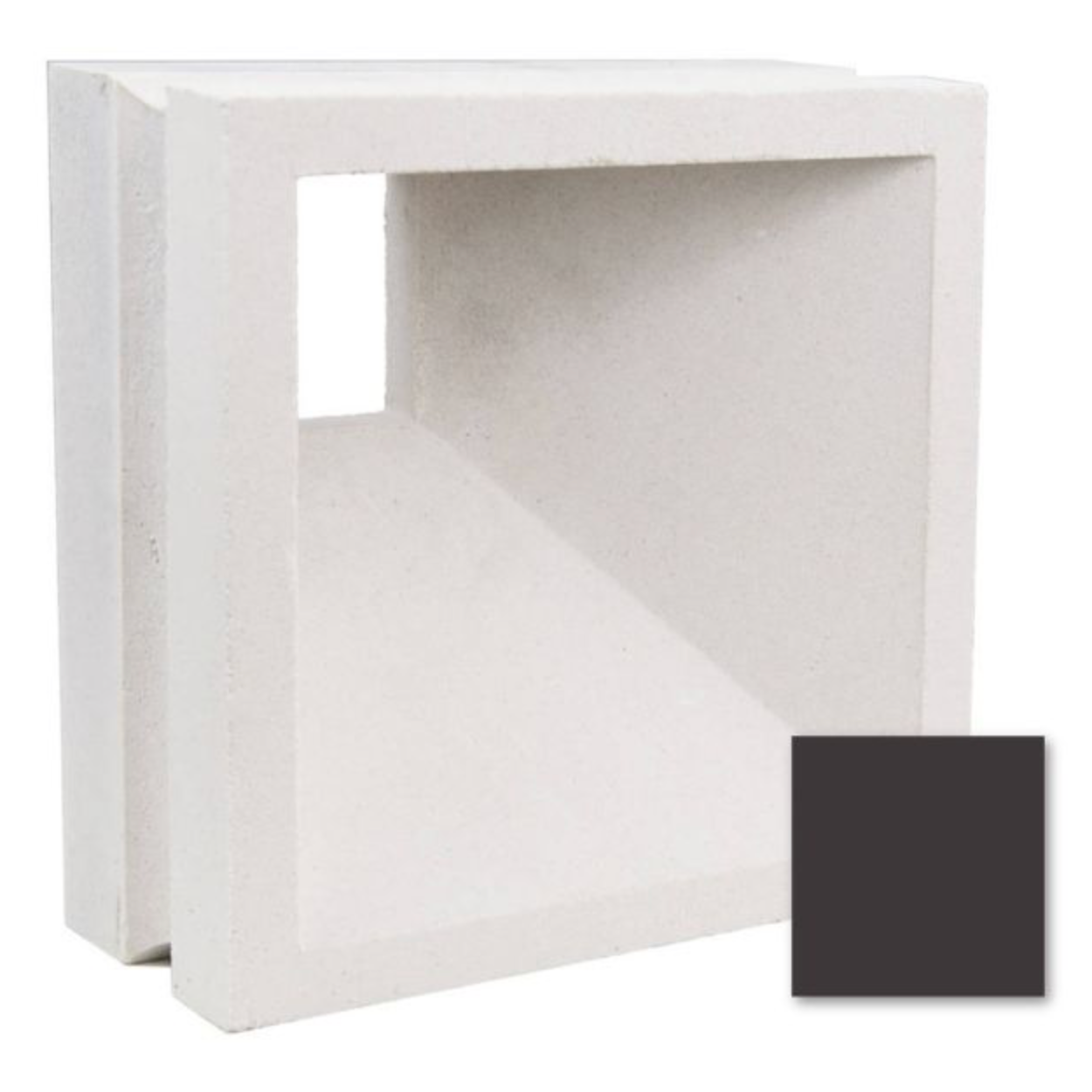 Akutan, Extra Sample by New York Cement Tile: a white breeze block with square cutout and black sample, mid-century style.