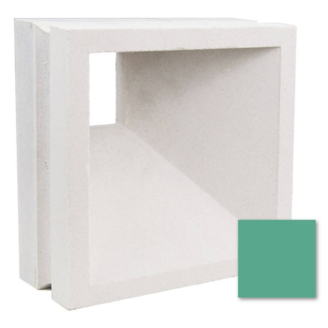 Aku Sample by New York Cement Tile: white vent block with diagonal divider, shown beside a green color swatch.