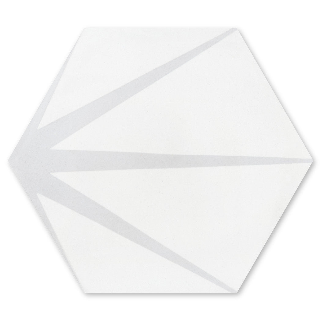 New York Cement Tile NH23-054 Gray 2246: White hex tile with 3 light gray lines radiating from one corner; extra sample.