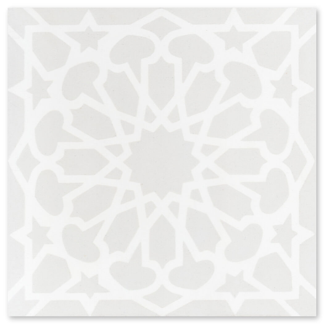 N20-825 Extra Sample by New York Cement Tile: light gray geometric starburst and heart design, ideal for durable floors.