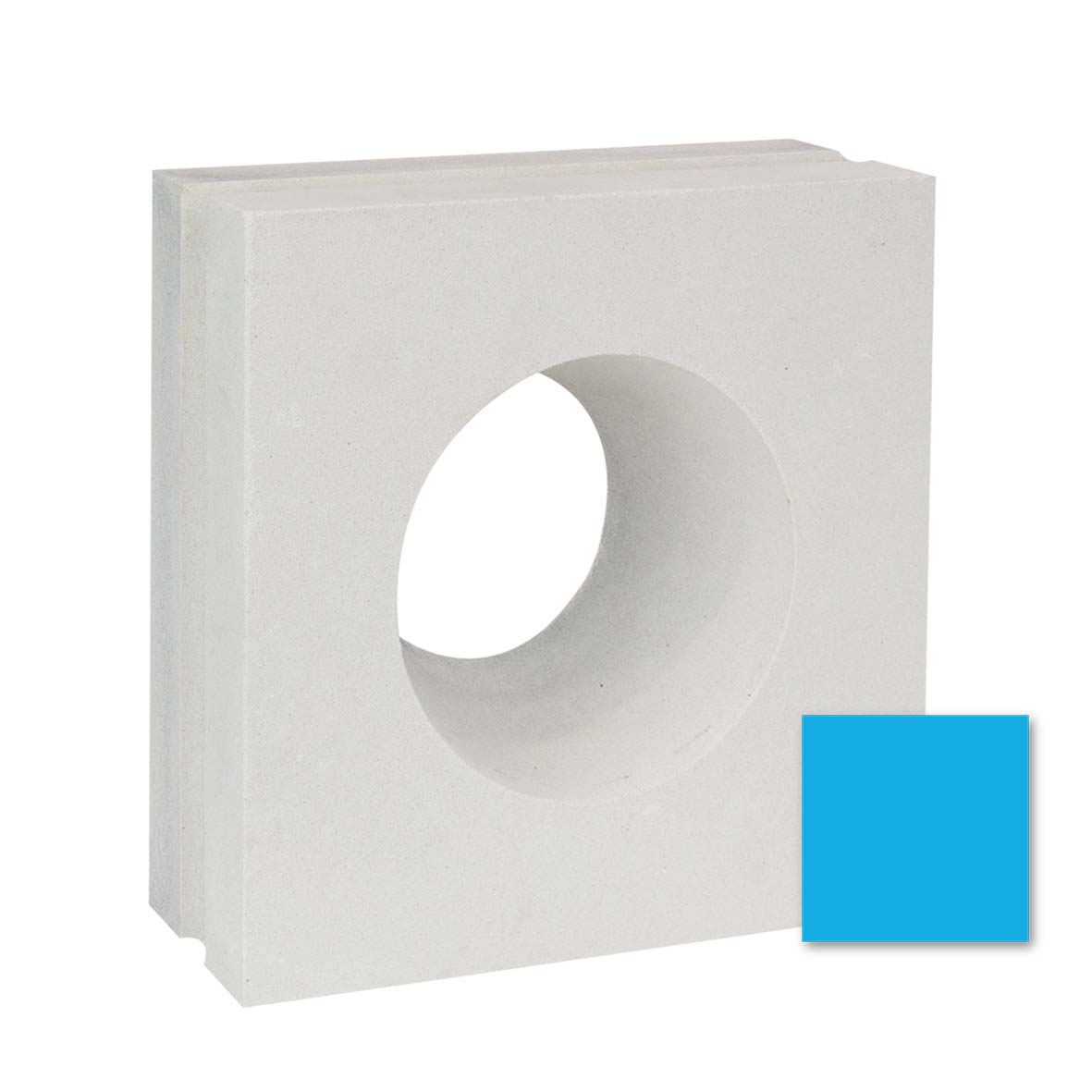 The Gada by New York Cement Tile is a white mid-century block with a large center hole and a bright blue corner accent.