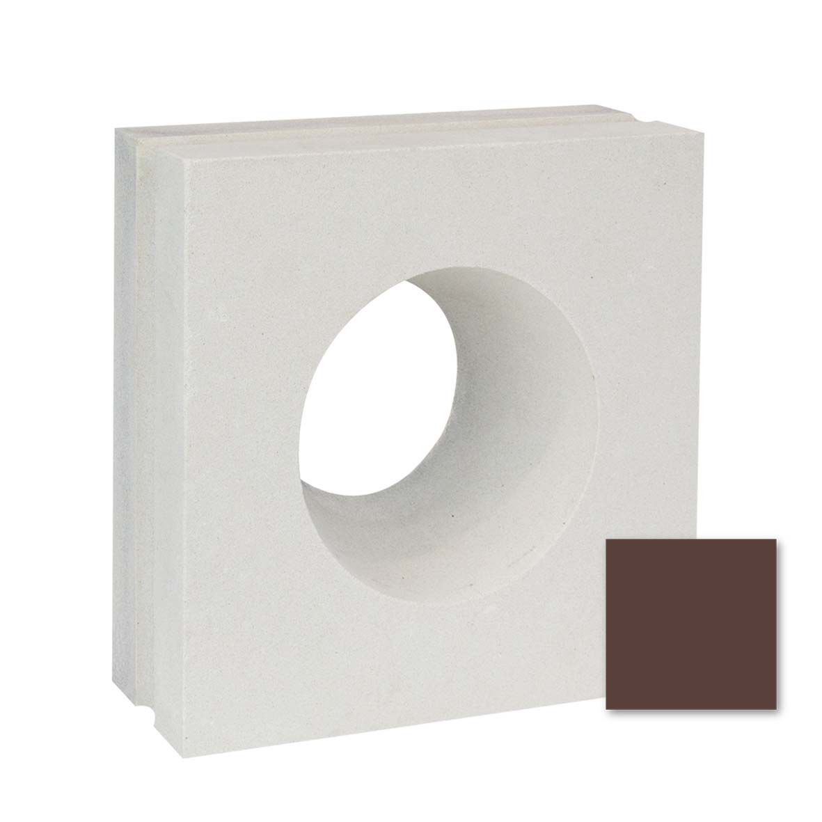 Gada by New York Cement Tile: square white mid-century screen with large circle cutout and brown swatch in corner.