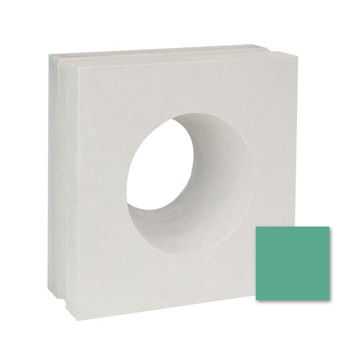 The Gada by New York Cement Tile is a white square block with a big circular hole, shown next to a green color swatch.