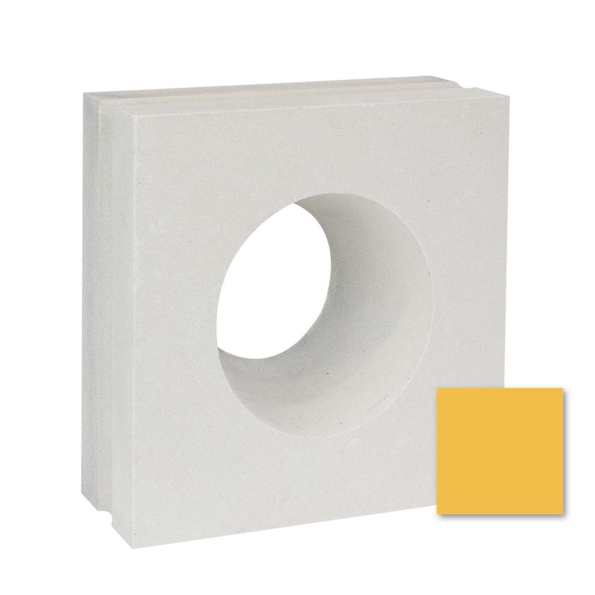 The Gada by New York Cement Tile is a white mid-century concrete screen with a large central hole and a small yellow corner square.