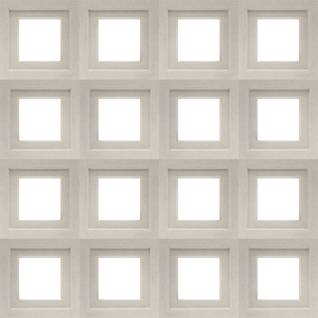 Arbie Sample by New York Cement Tile features a grid of sixteen square niches inspired by mid-century decorative blocks.