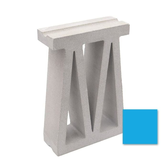 The Bara Sample by New York Cement Tile is a white breeze block with triangular cutouts and a small blue square.