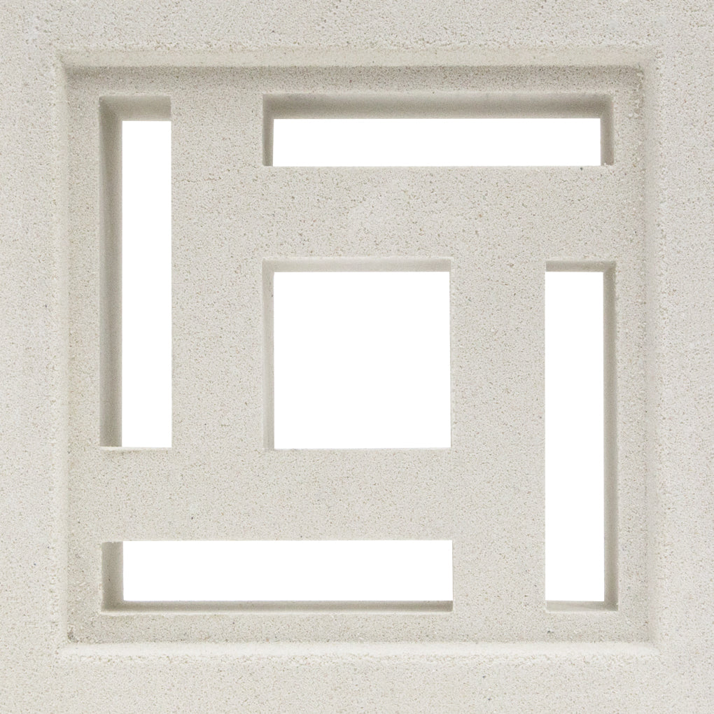 The Barbados - NBB-012 Extra Sample by New York Cement Tile features a white breeze block with geometric squares and rectangles.