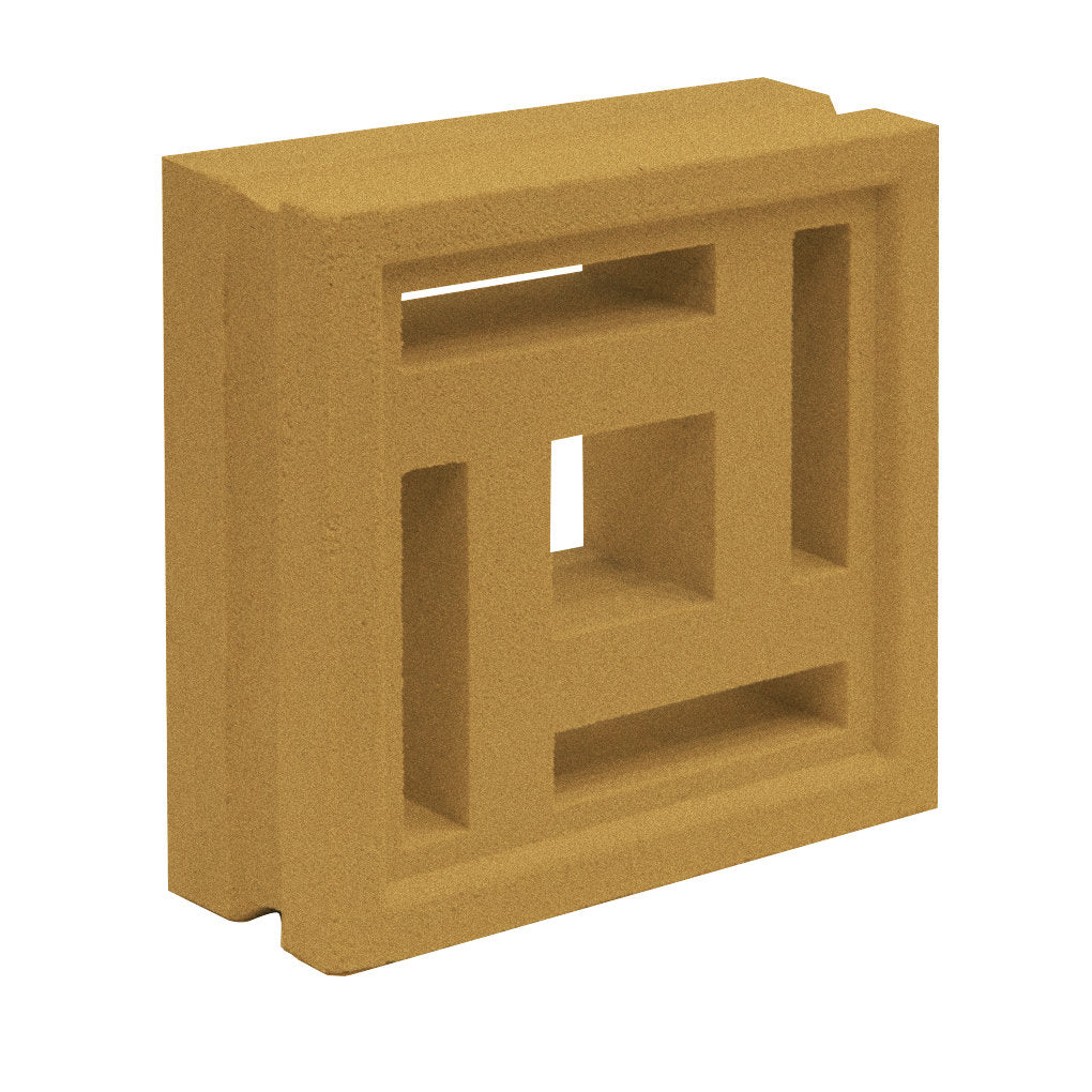 The Carabado Sample by New York Cement Tile is a tan breeze block with geometric cutouts, ideal for stylish privacy screens.