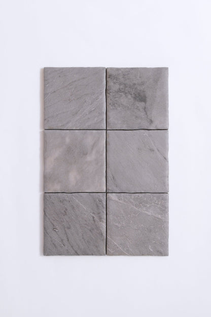 Six Tosca Bardiglio tile samples, square and gray, arranged 2 columns by 3 rows on a plain white background.
