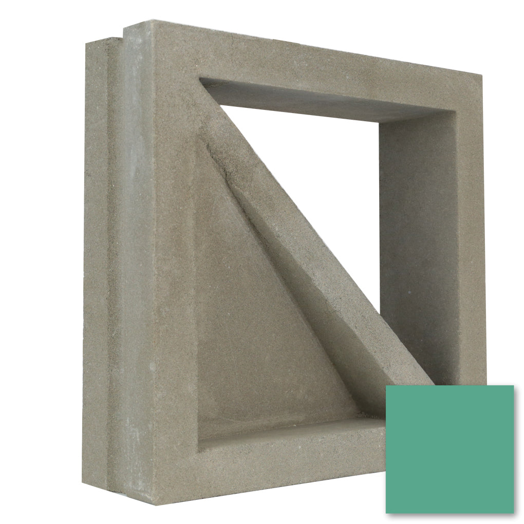 The Large Bermy Sample by New York Cement Tile is a square breeze block with a diagonal divider and green accent.
