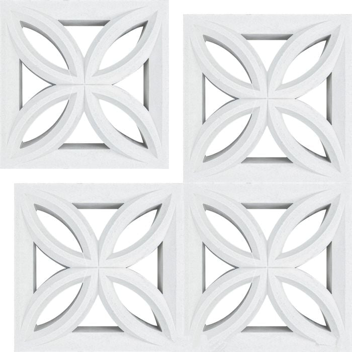 Four Large Beveled tiles by New York Cement Tile, featuring mid-century modern petal-shaped geometric cutouts.