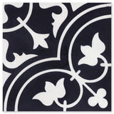 The N20-045/172 by New York Cement Tile is a black and white ceramic tile with bold floral and geometric patterns.