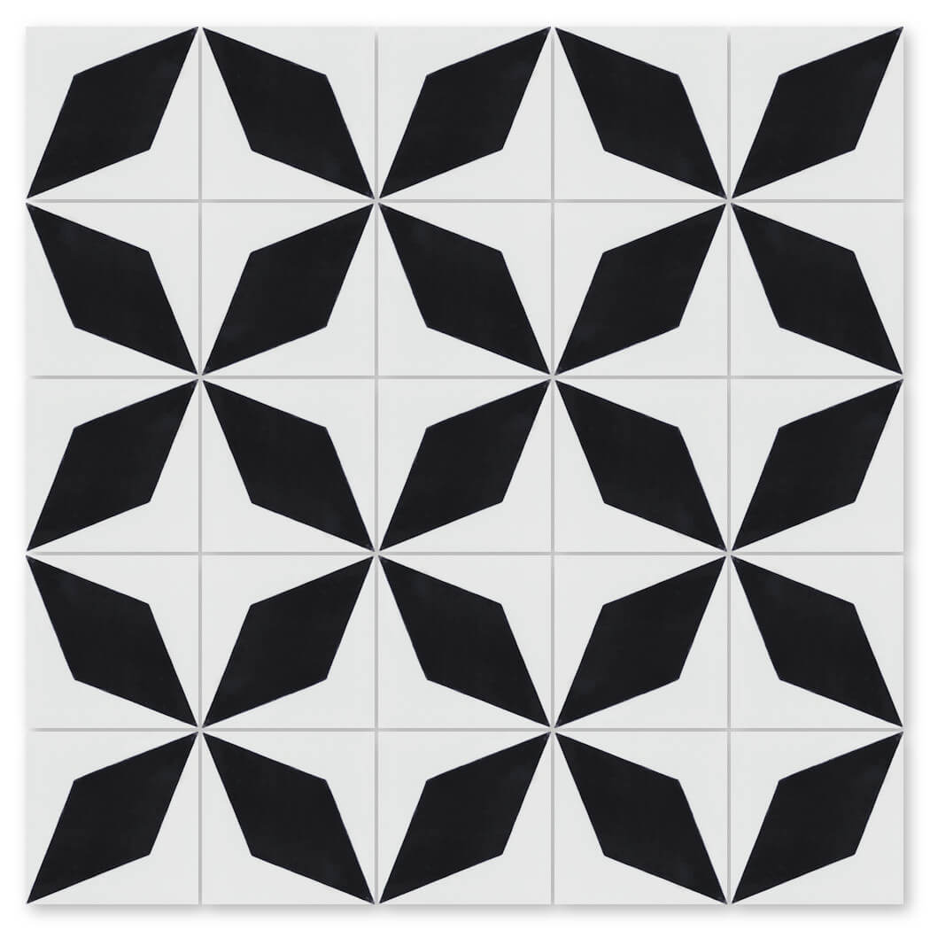 N20-480 B&W by New York Cement Tile: Handcrafted white tiles with black diamonds in a repeating star-like pattern.