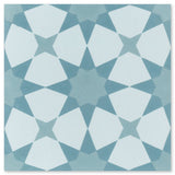 N20-271 Extra Sample by New York Cement Tile: light blue & white pentagons and hexagons in a geometric symmetrical pattern.