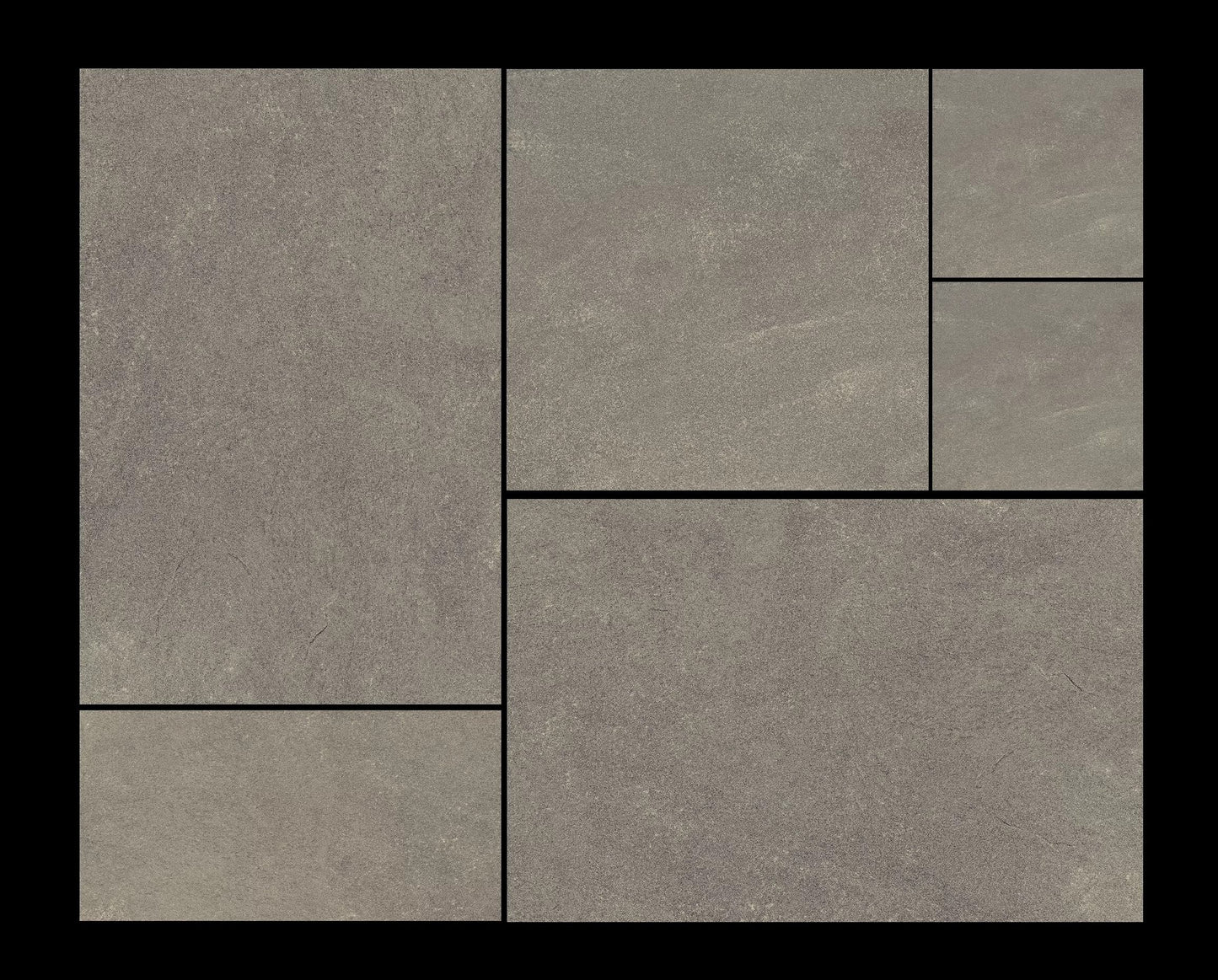 Six Bluestone Modular Pattern tiles by New York Cement Tile in a staggered grid on a black background.