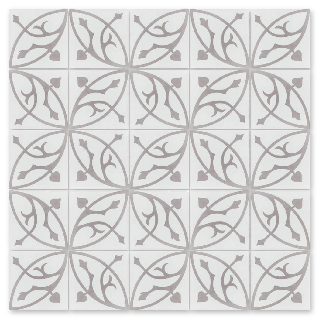 Gray floral vines form circles on white N20-019 tiles by New York Cement Tile, arranged in a seamless grid.