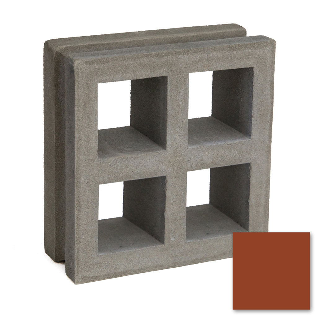 The Borneo, Extra Sample by New York Cement Tile is a gray concrete block with four openings; brown swatch shown.