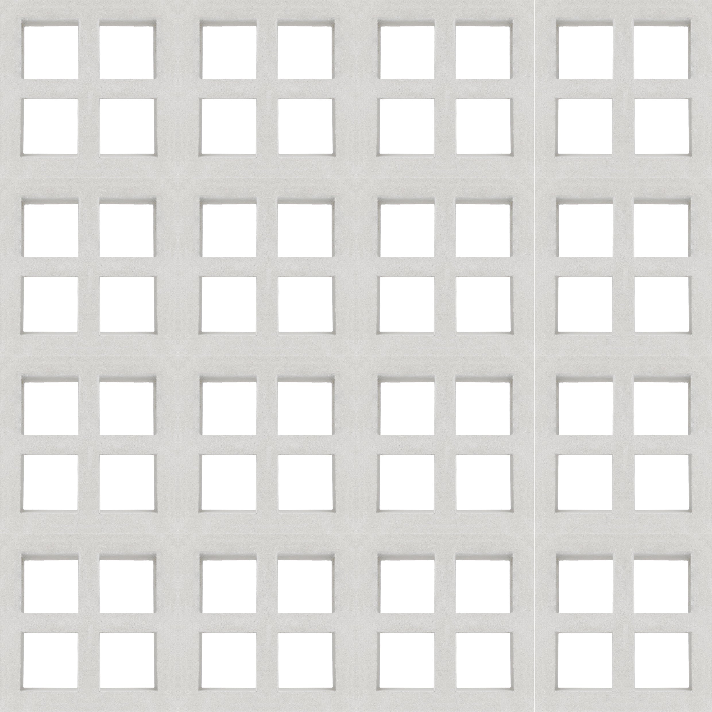 A grid of 25 square white windows on a light gray wall, arranged in five rows and five columns.