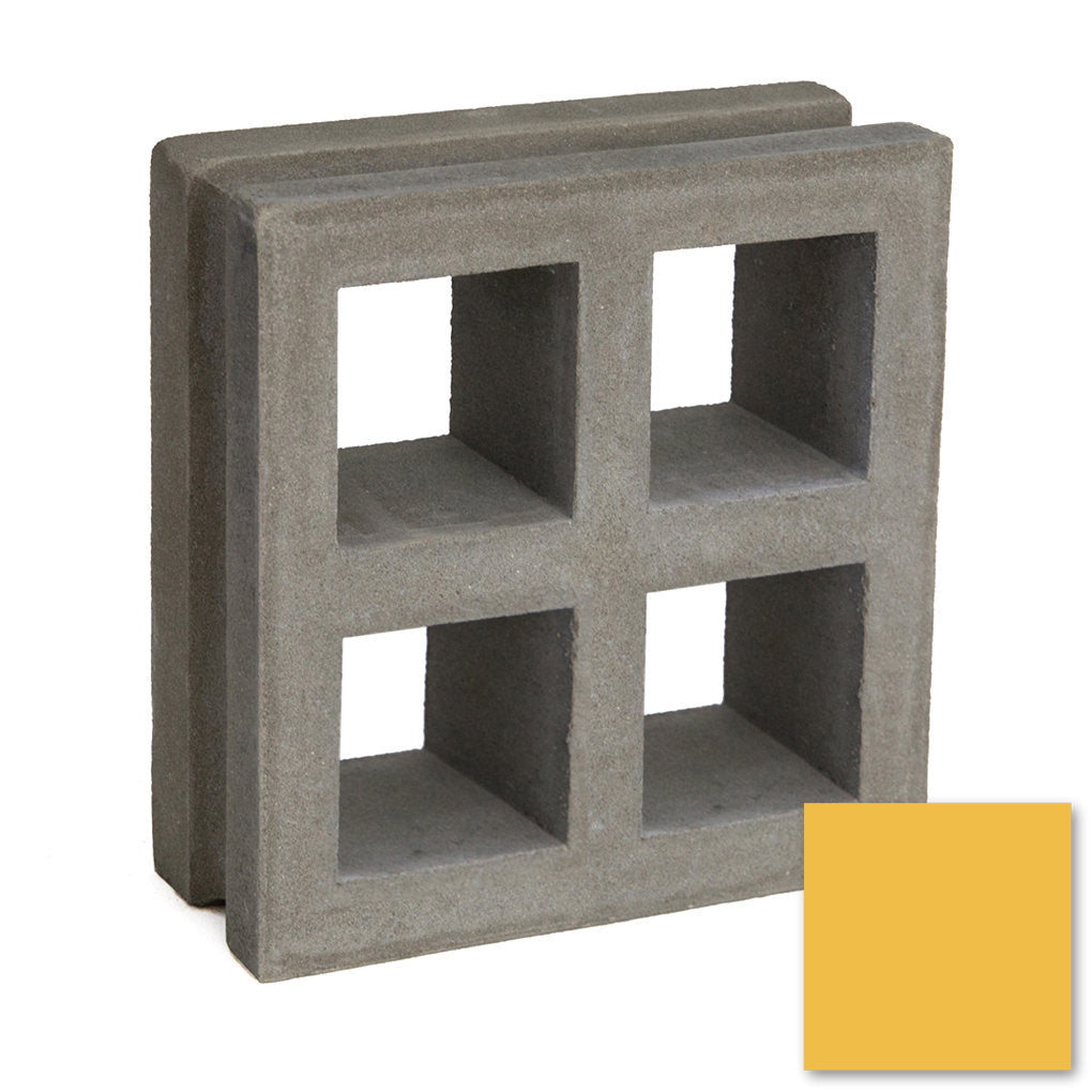 A Borneo, Extra Sample breeze block by New York Cement Tile sits next to a mustard yellow color swatch.