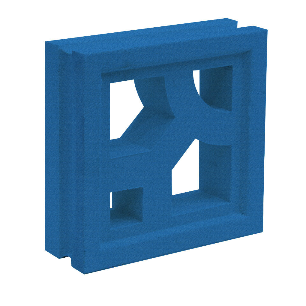 The Caprina breeze block by New York Cement Tile features blue geometric cutouts and a mid-century modern style.