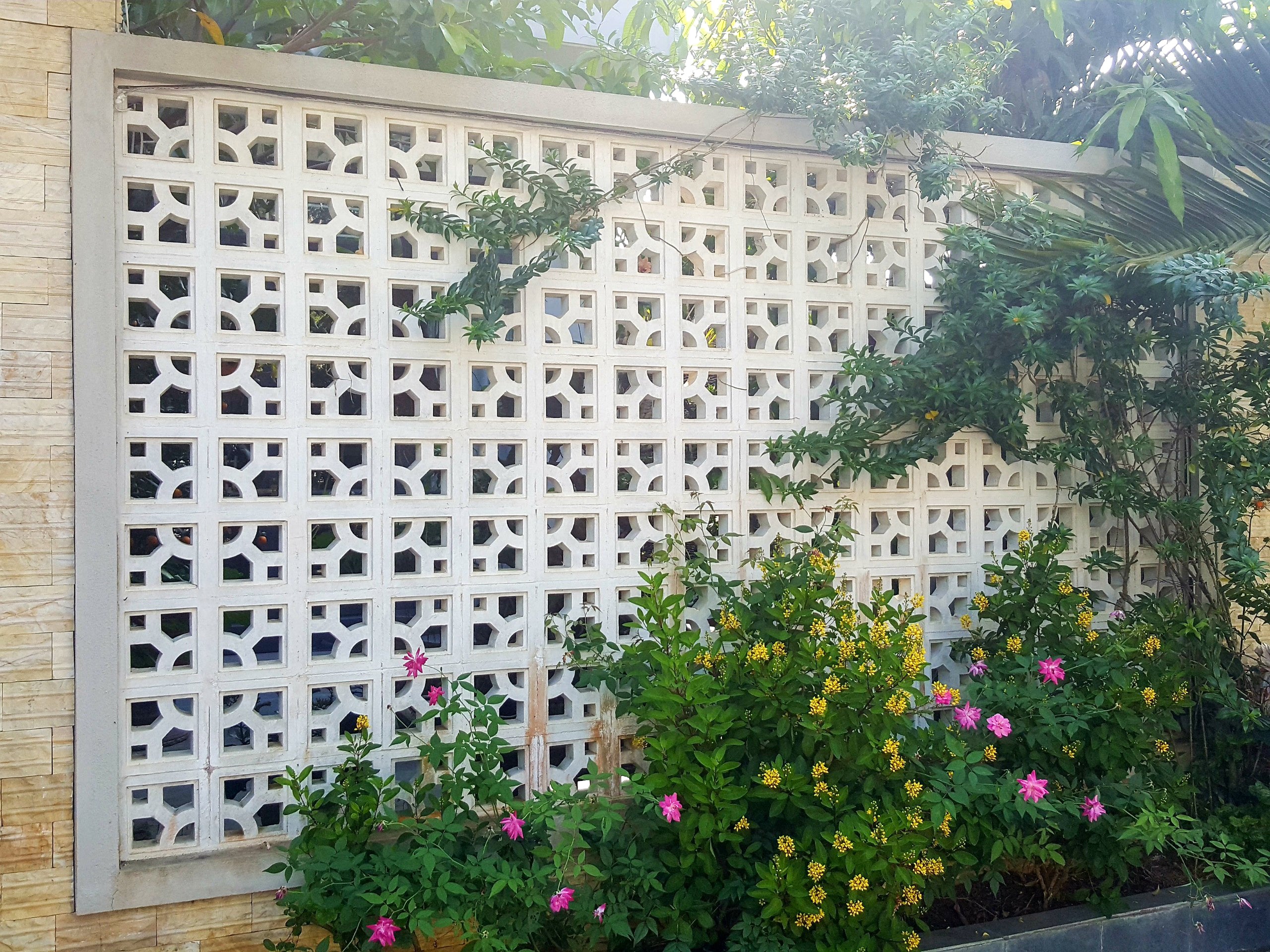 The Caprina breeze block by New York Cement Tile, with green plants and pink flowers in sunlight.