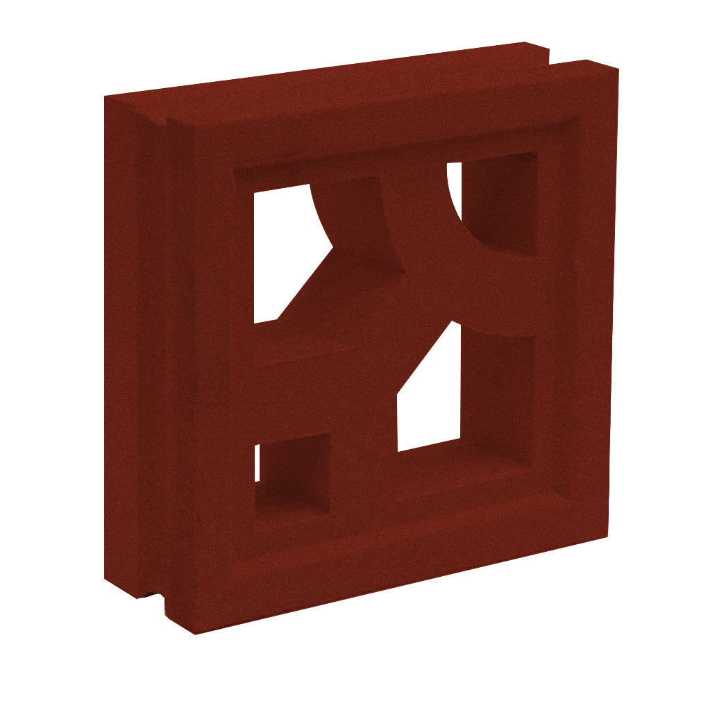 Caprina breeze block by New York Cement Tile, red with geometric cut-outs, mid-century modern style, viewed at an angle.