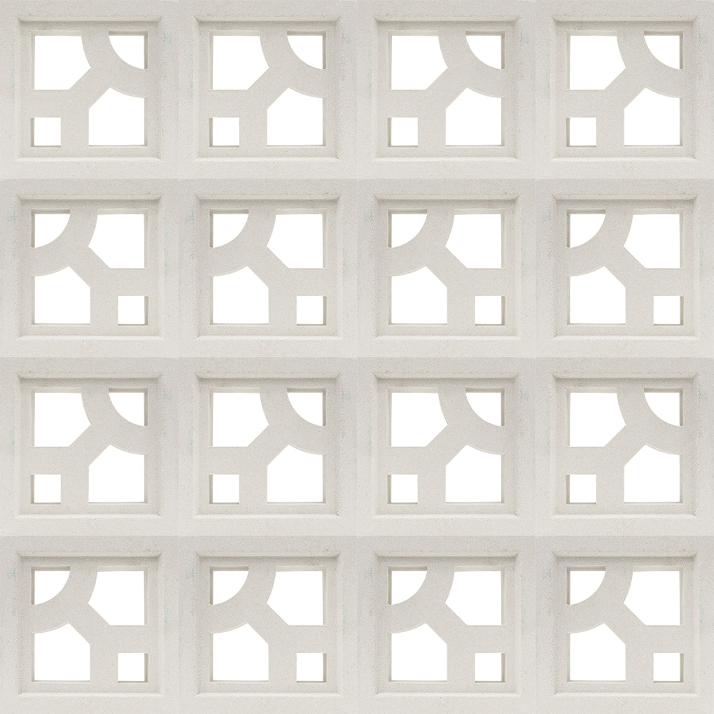 Caprina Sample by New York Cement Tile: breeze blocks with geometric cutouts for a decorative, repeating privacy screen.