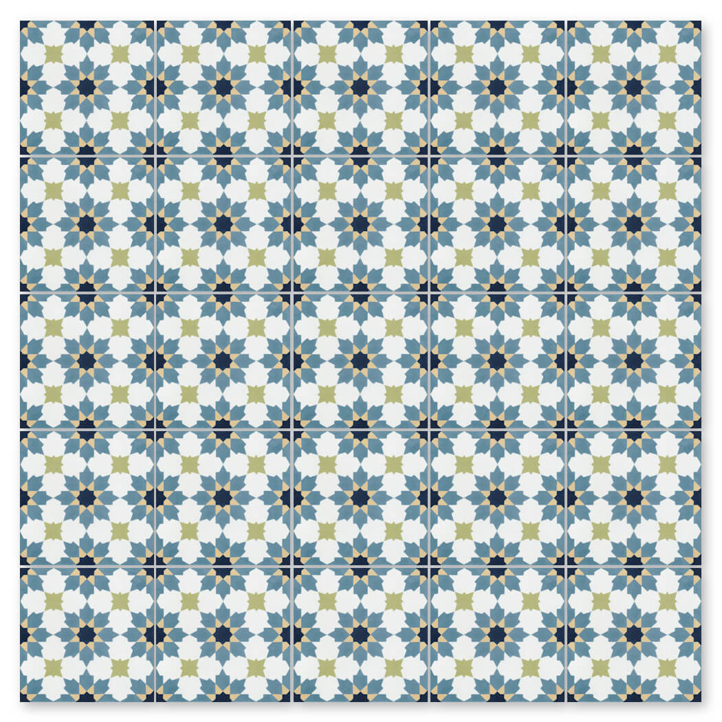 N20-028 Navy Blue tiles by New York Cement Tile offer durable flooring with olive green stars in a geometric grid pattern.