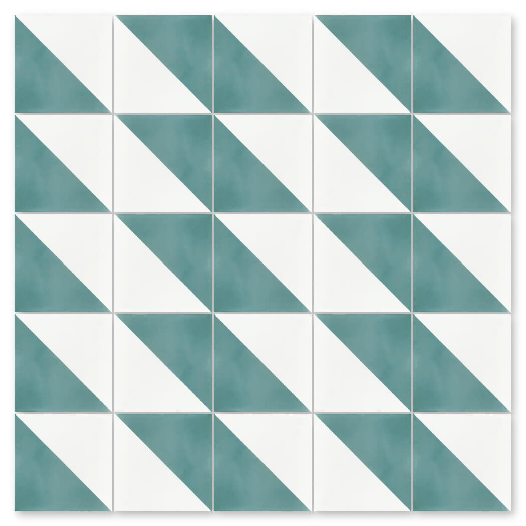 N20-139 Blue & White by New York Cement Tile features white and teal triangles in diagonal lines on handcrafted cement tiles.