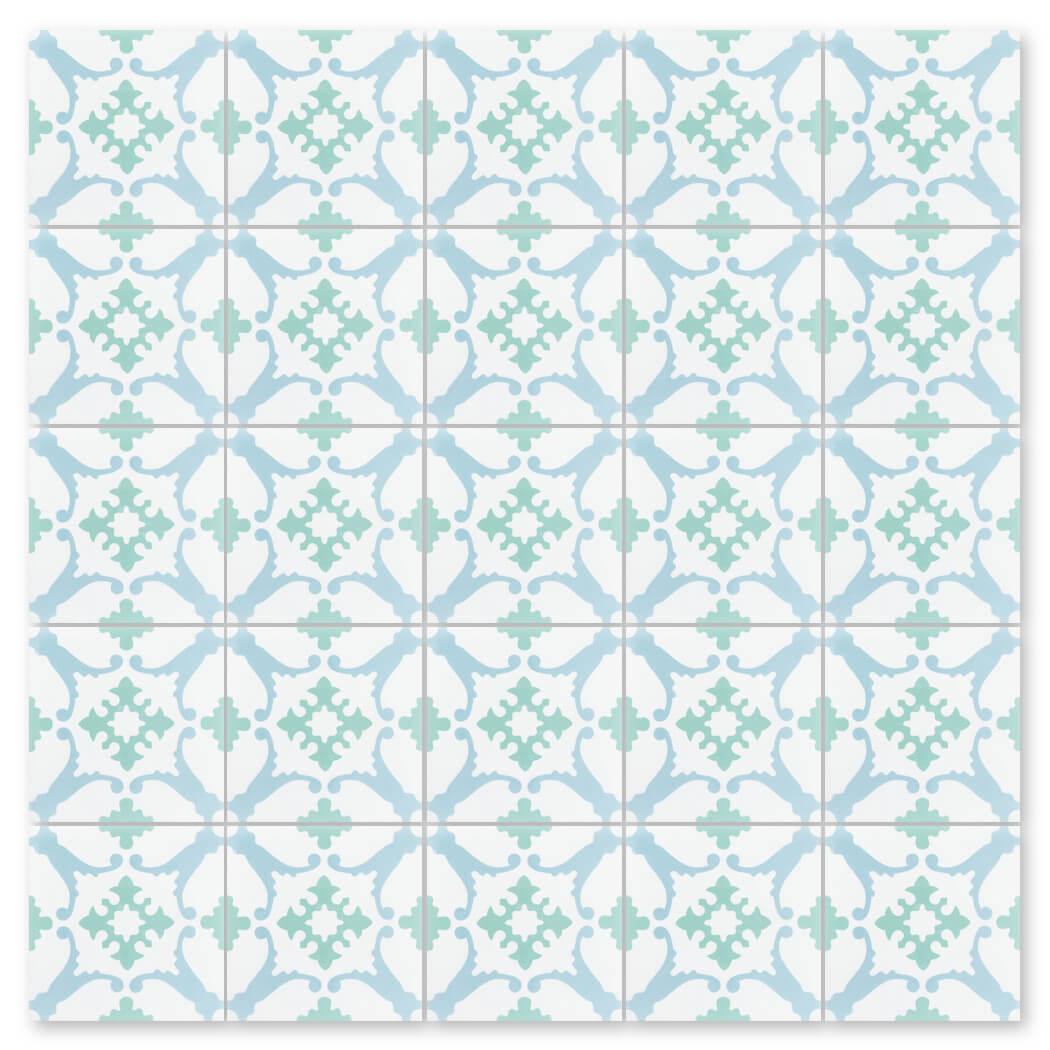 The N20-148 Nassau by New York Cement Tile features blue and light green floral and geometric handcrafted patterns.